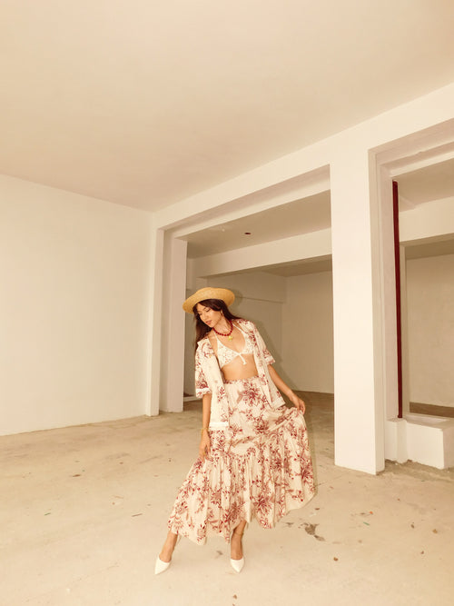 FLORAL RED MAXI SKIRT - SMALL